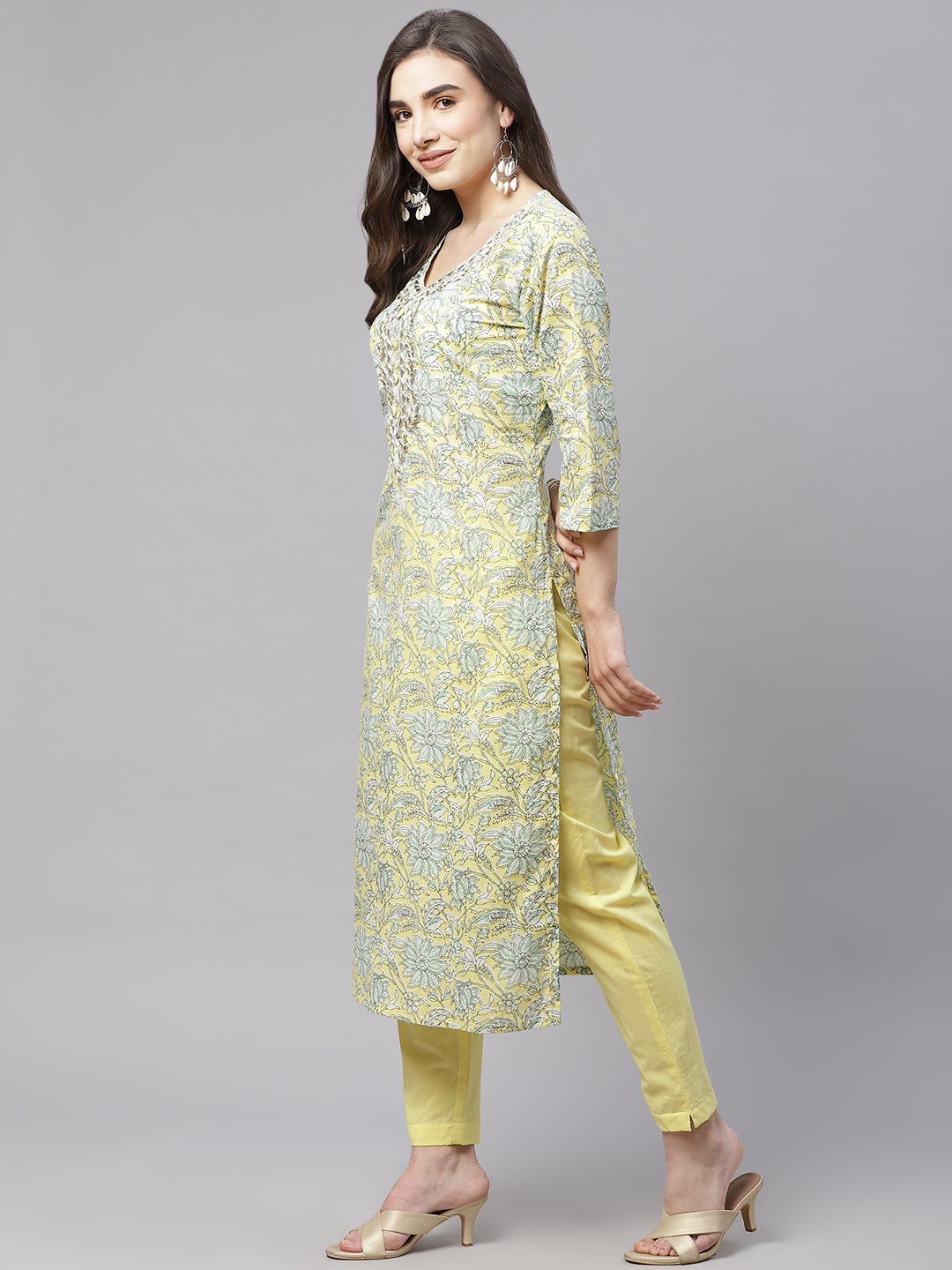 Women's Yellow Cotton Straight Kurta Pant Set With Dupatta - Wahenoor
