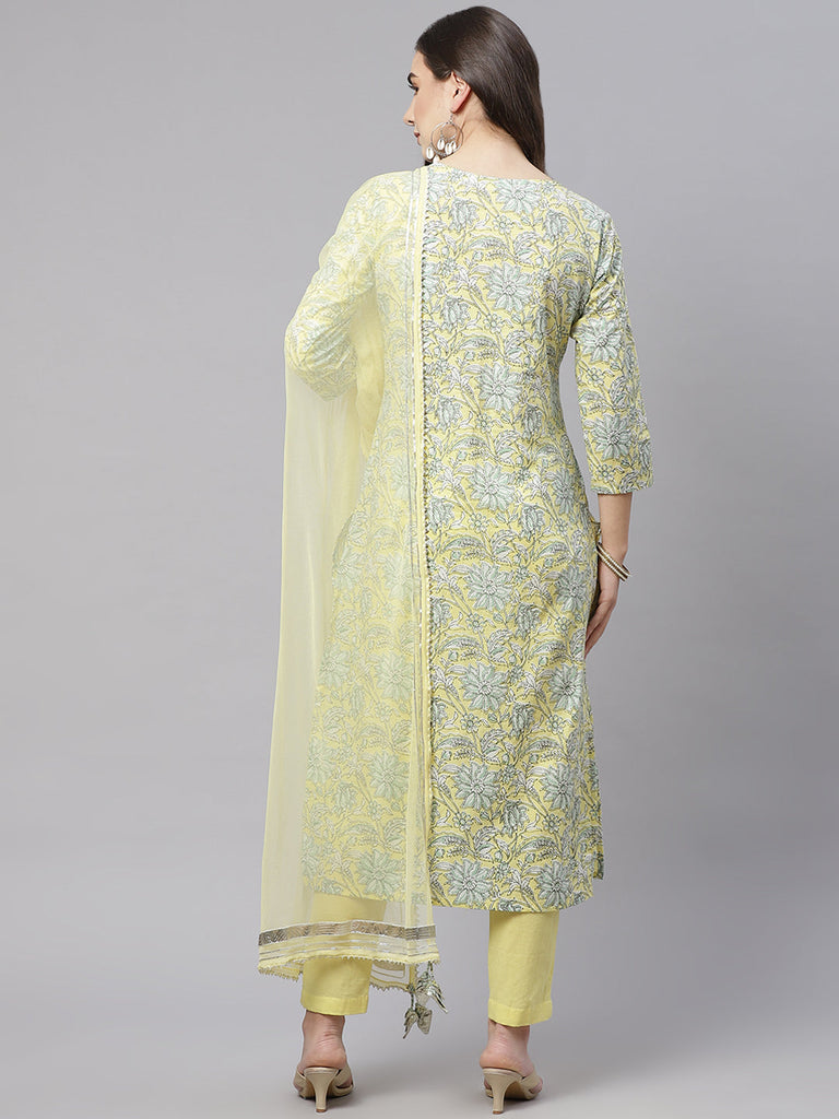 Women's Yellow Cotton Straight Kurta Pant Set With Dupatta