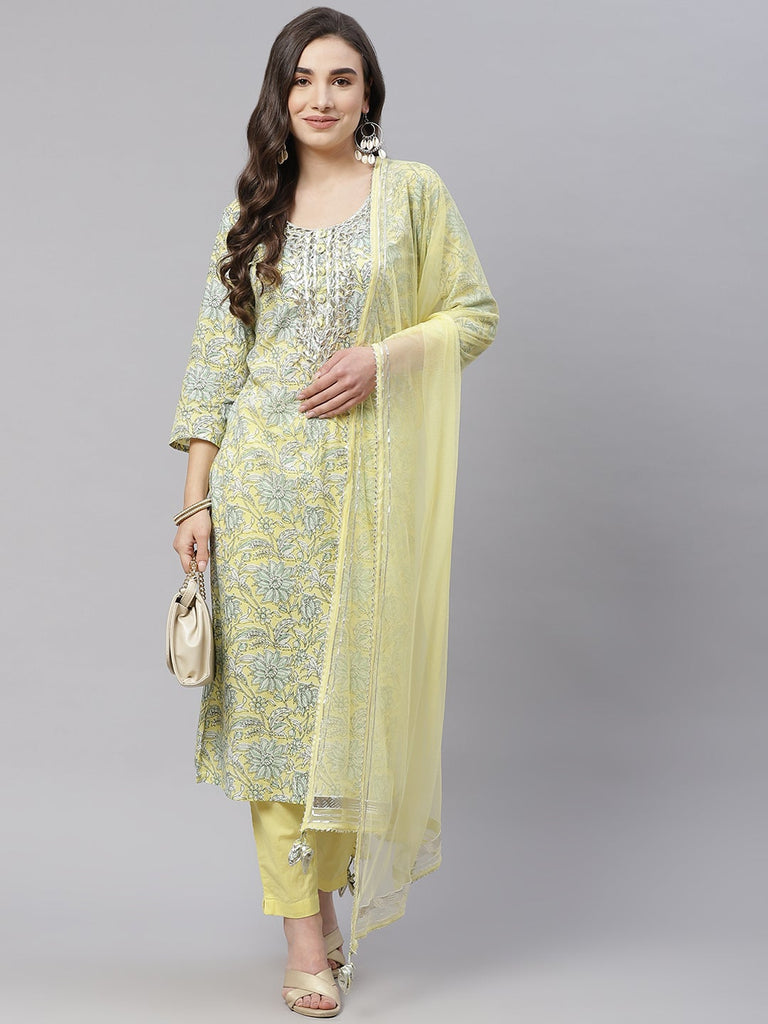 Women's Yellow Cotton Straight Kurta Pant Set With Dupatta