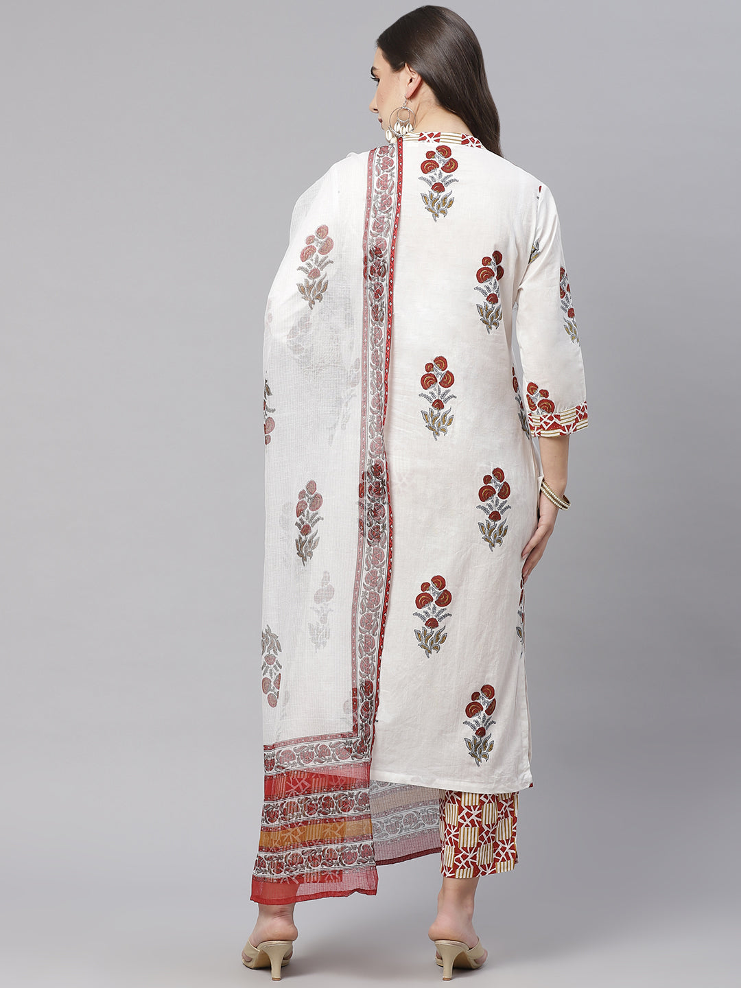 Women's White Cotton Kurta Pant Set With Dupatta - Wahenoor