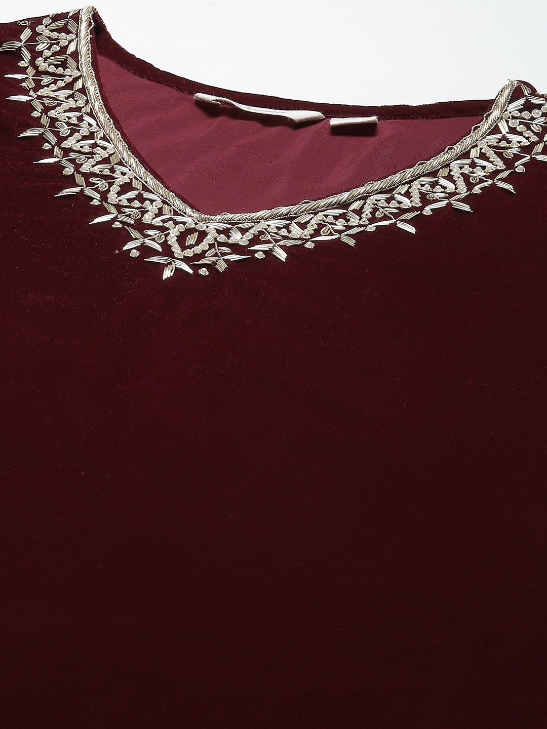 Women's Maroon Velvet Hand Work Kurta Pant With Net Dupatta Set