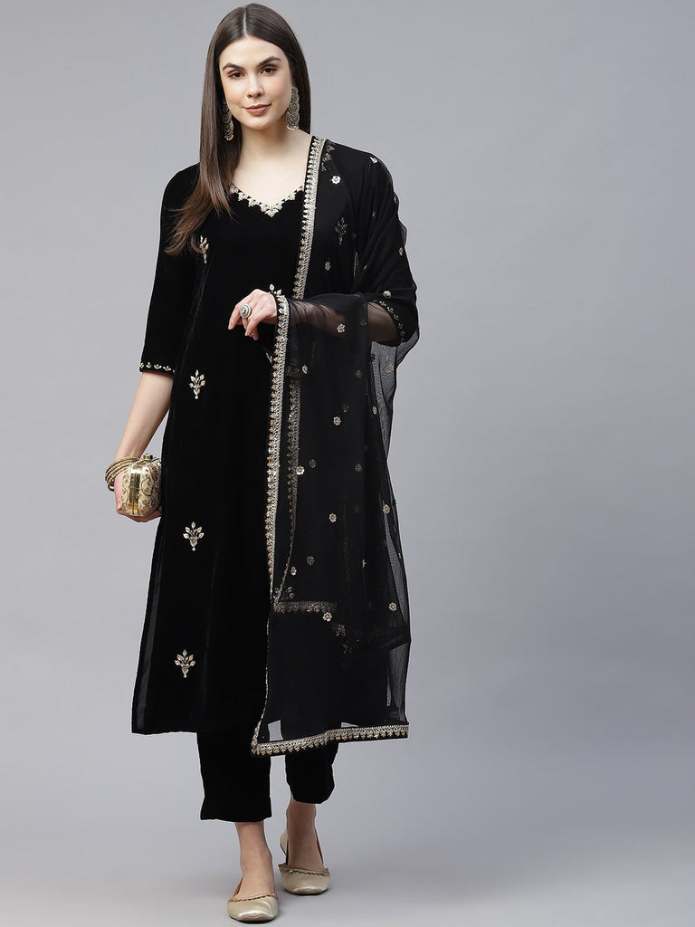 Women's Black Velvet Hand Work Kurta Pant With Net Dupatta Set