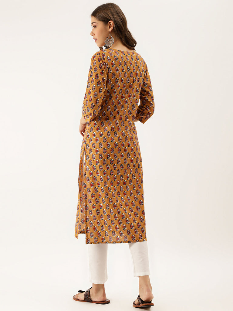 Women's Brown Floral Printed Cotton Zari Work Kurta