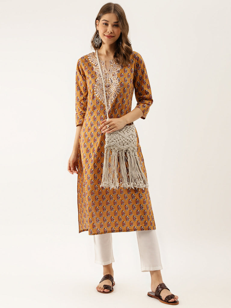 Women's Brown Floral Printed Cotton Zari Work Kurta
