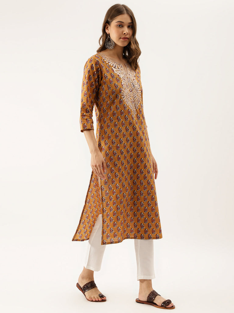 Women's Brown Floral Printed Cotton Zari Work Kurta