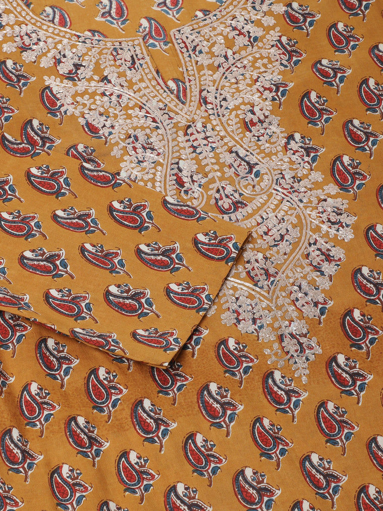 Women's Brown Floral Printed Cotton Zari Work Kurta