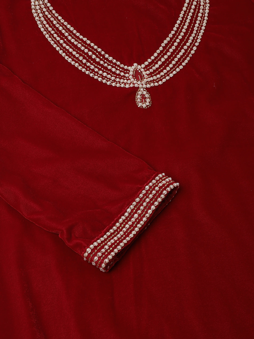 Women's Maroon Plain Velvet Bead Work Embroidered Kurta Set With Organza Dupatta - Noz2Toz