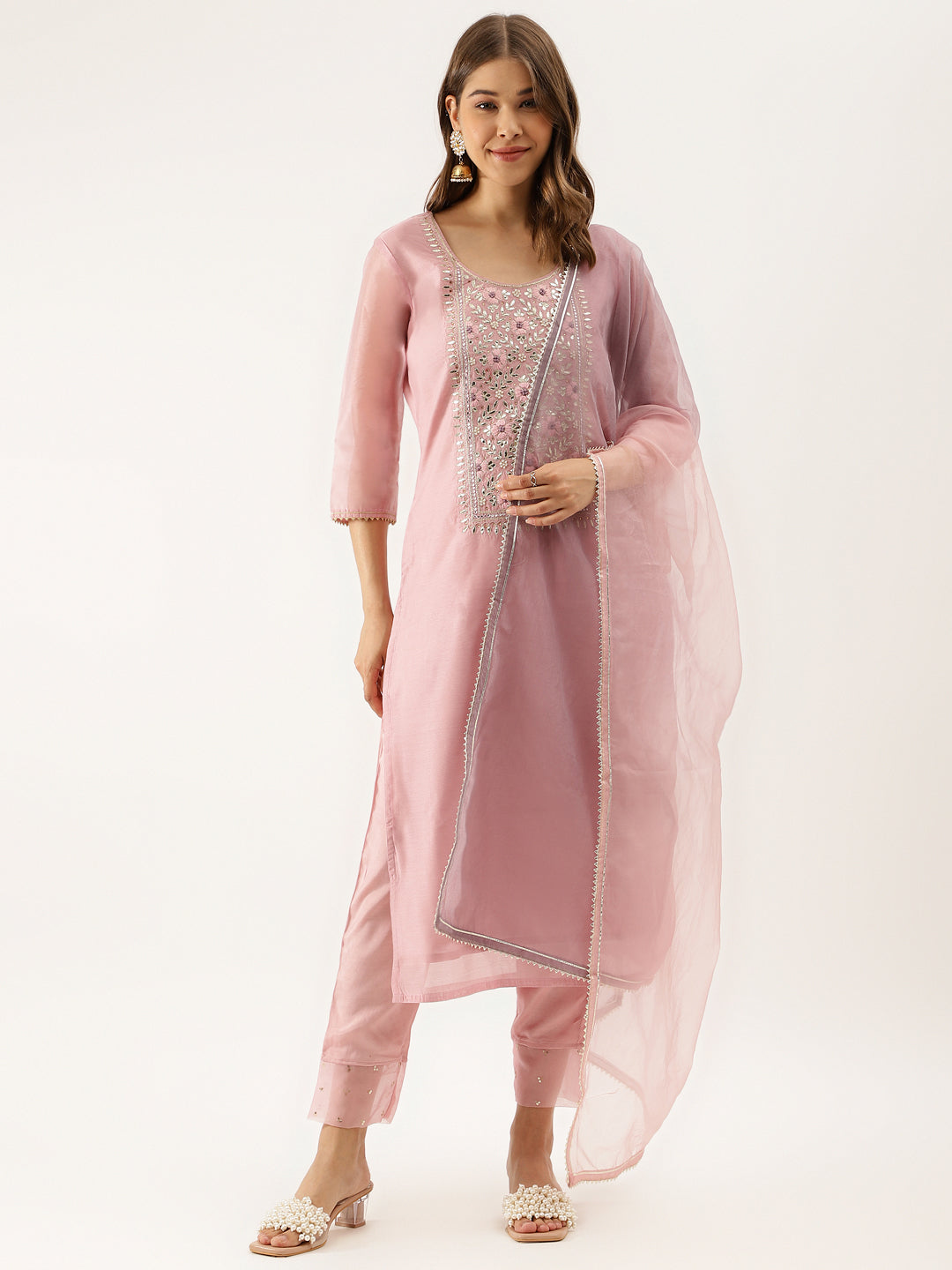 Women's Pink Embroidered Chanderi Kurta With Trouser & Organza Dupatta - Noz2Toz