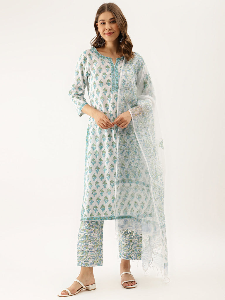 Women's White Sea Blue Handblock Floral Printed Cotton Kurta Set With Kota Doria Dupatta