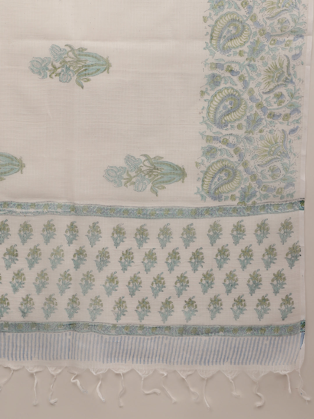 Women's White Sea Blue Handblock Floral Printed Cotton Kurta Set With Kota Doria Dupatta - Noz2Toz