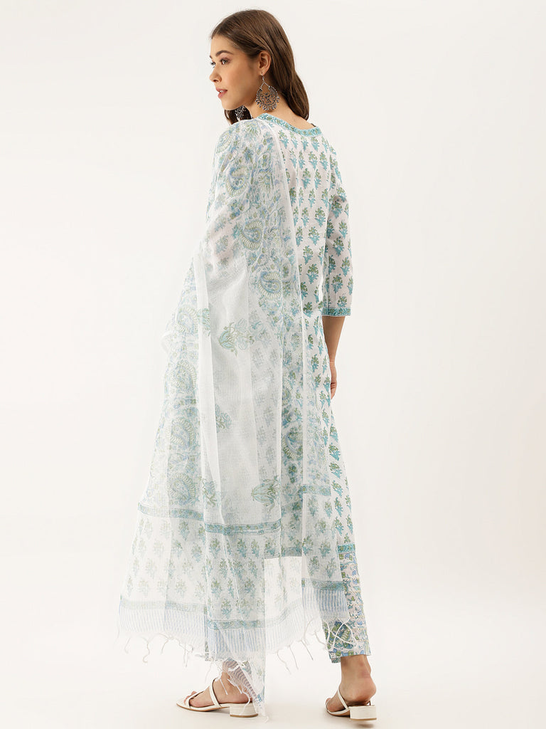 Women's White Sea Blue Handblock Floral Printed Cotton Kurta Set With Kota Doria Dupatta