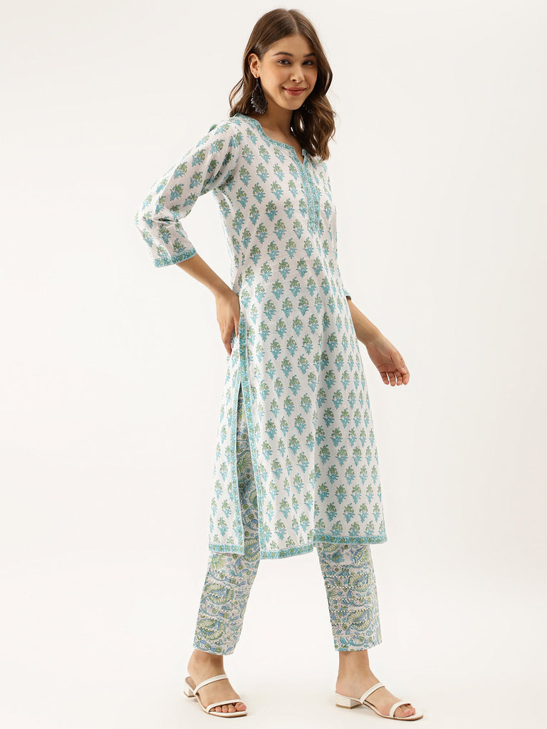 Women's White Sea Blue Handblock Floral Printed Cotton Kurta Set With Kota Doria Dupatta
