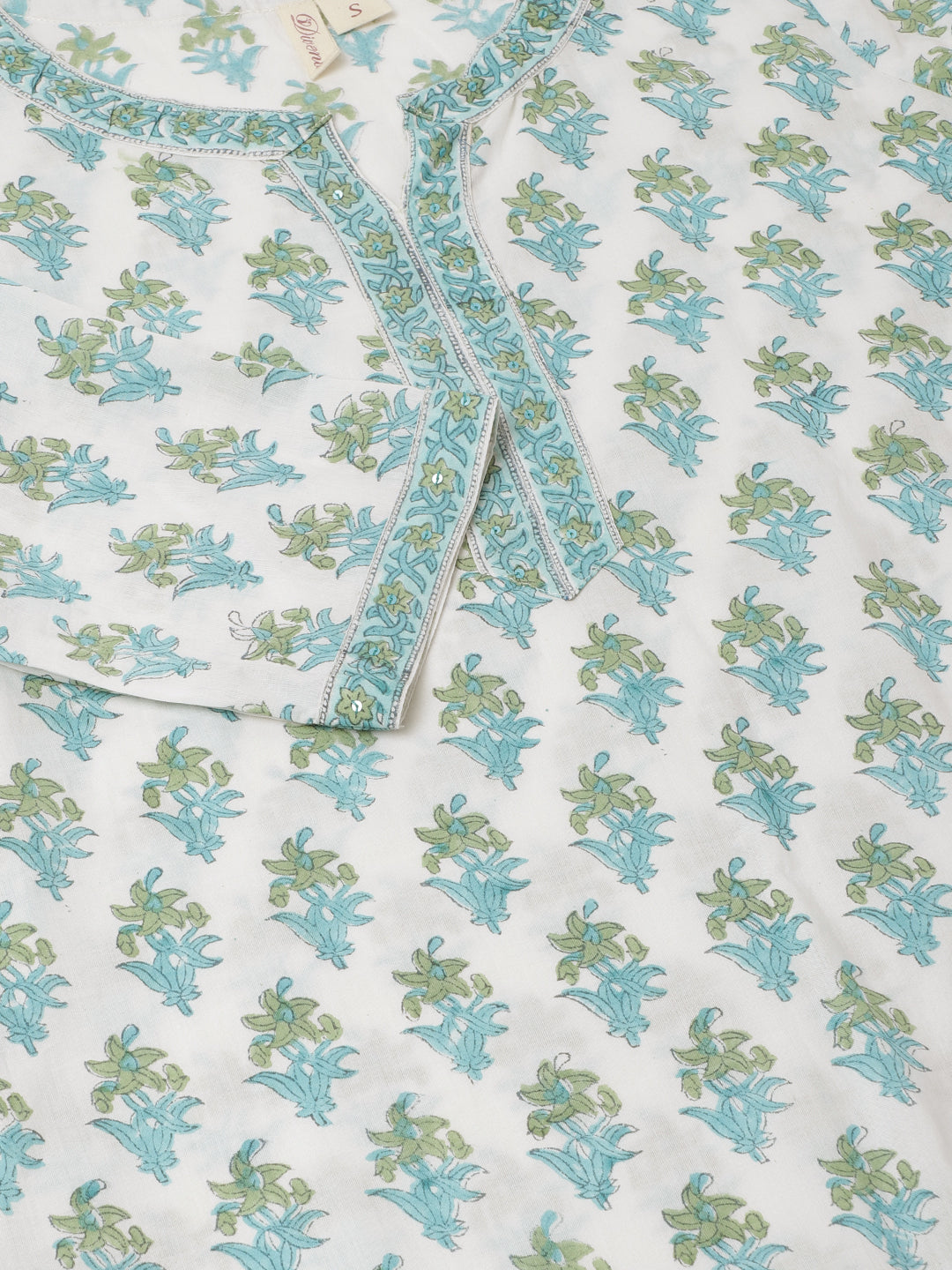 Women's White Sea Blue Handblock Floral Printed Cotton Kurta Set With Kota Doria Dupatta - Noz2Toz