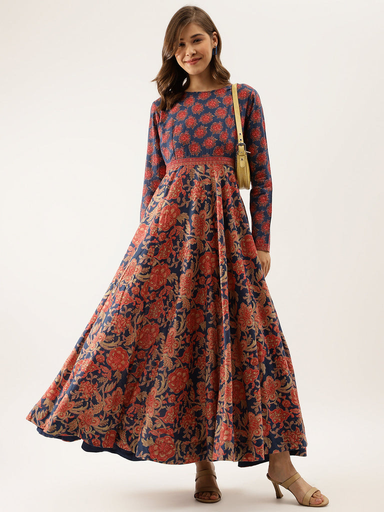 Women's Blue Maroon Floral Printed Cotton Ethnic Long Kurta