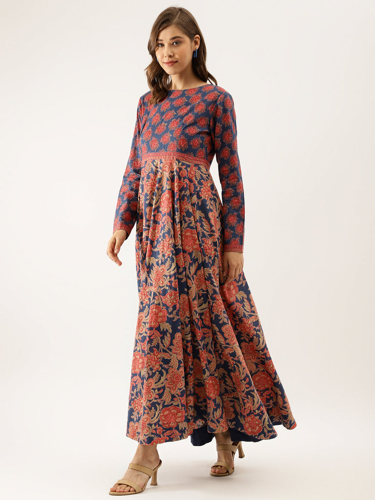 Women's Blue Maroon Floral Printed Cotton Ethnic Long Kurta