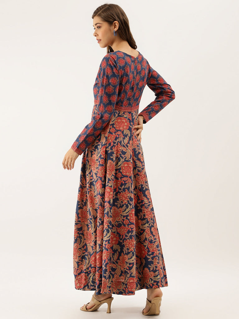 Women's Blue Maroon Floral Printed Cotton Ethnic Long Kurta
