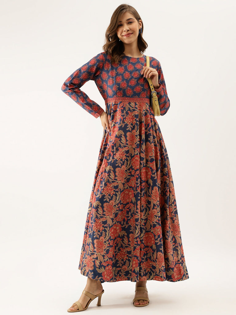Women's Blue Maroon Floral Printed Cotton Ethnic Long Kurta