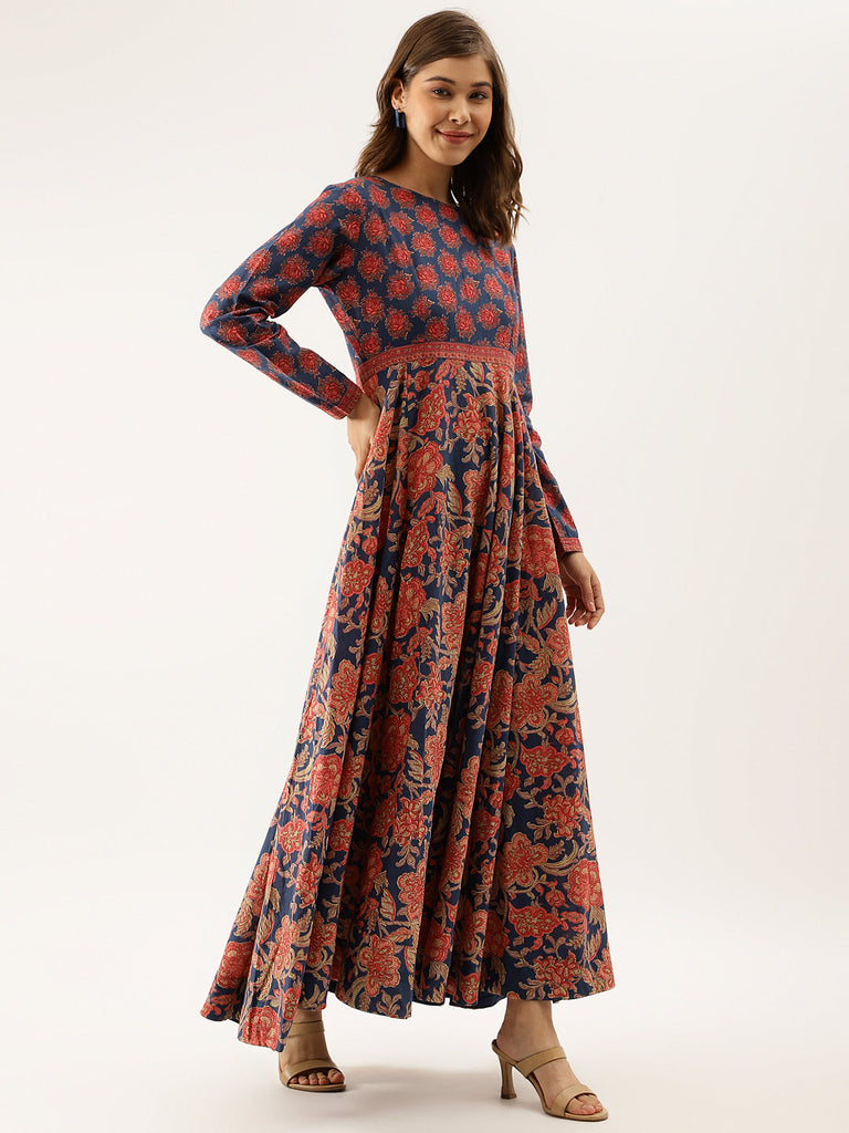 Women's Blue Maroon Floral Printed Cotton Ethnic Long Kurta