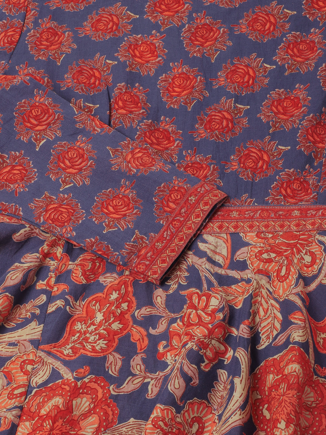 Women's Blue Maroon Floral Printed Cotton Ethnic Long Kurta - Noz2Toz