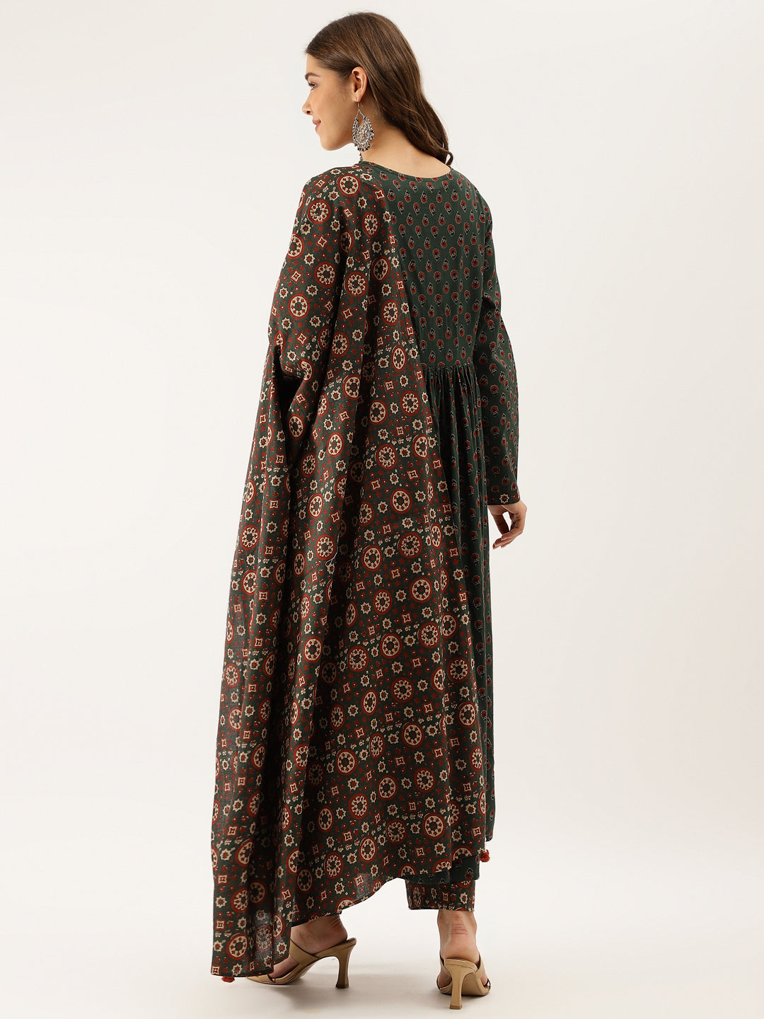 Women's Green Floral Print Cotton Kurta Set With Dupatta