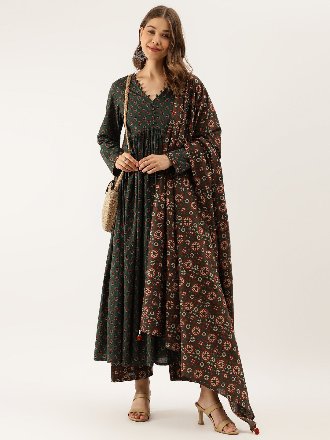 Women's Green Floral Print Cotton Kurta Set With Dupatta