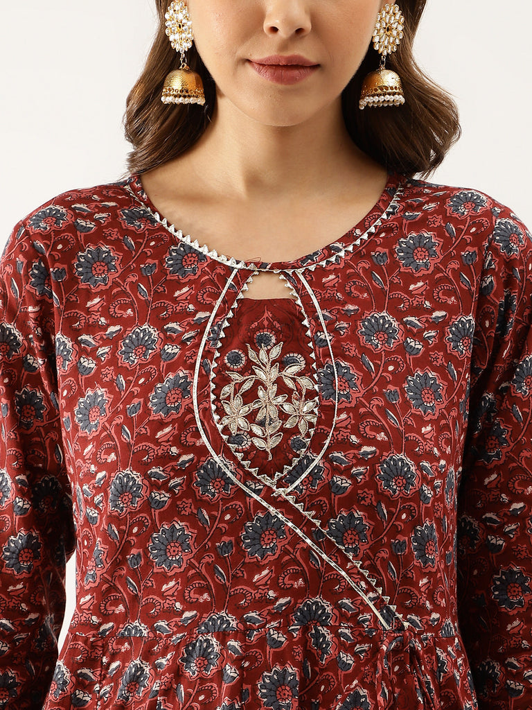Women's Maroon Floral Printed Cotton Anarkali Kurta Set With Dupatta