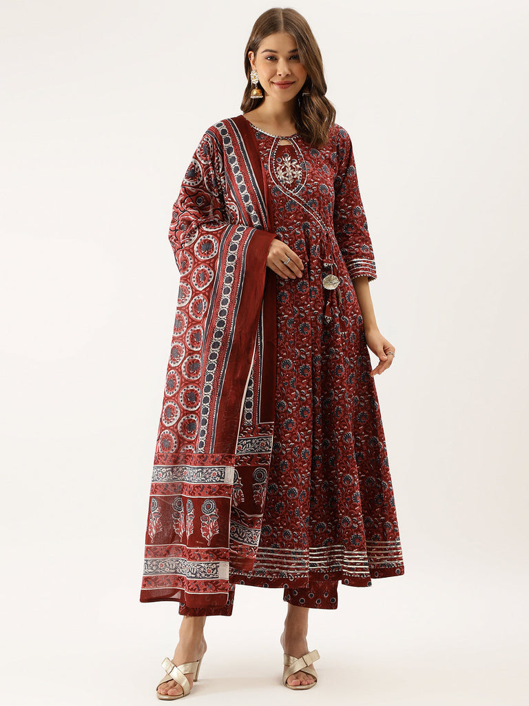 Women's Maroon Floral Printed Cotton Anarkali Kurta Set With Dupatta