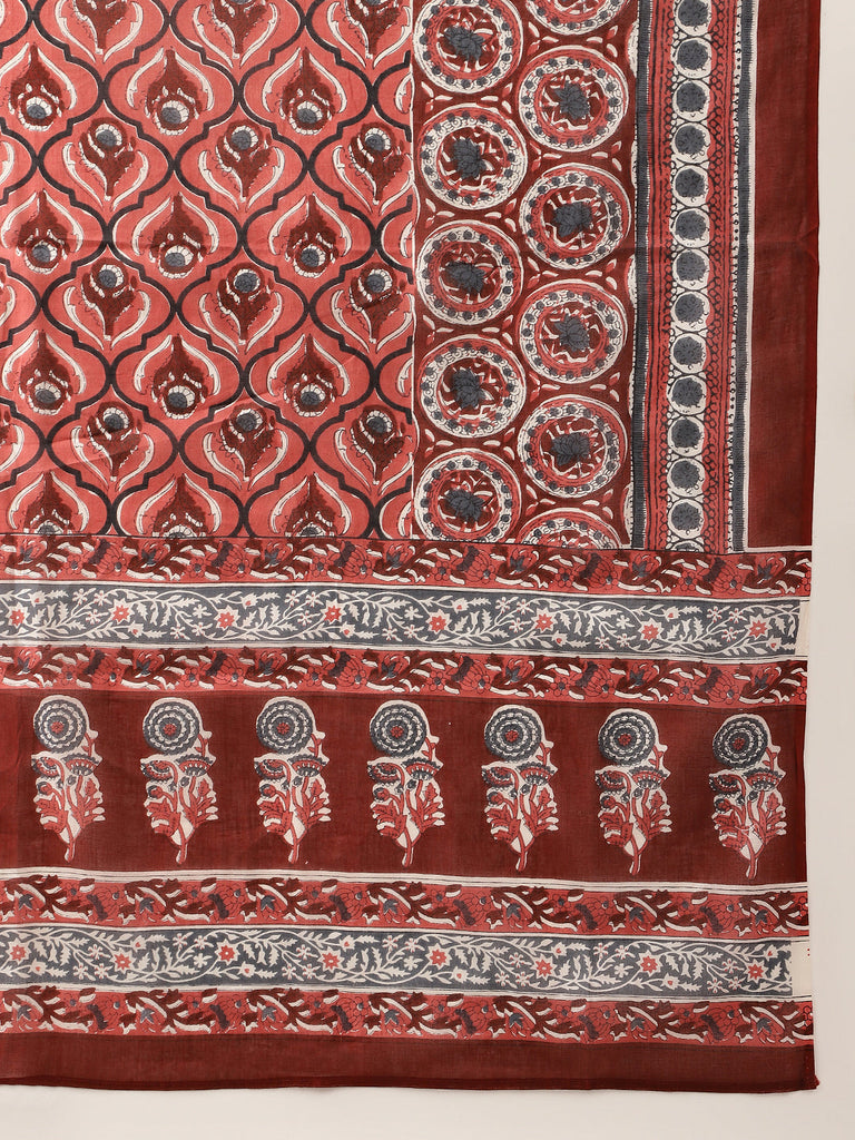Women's Maroon Floral Printed Cotton Anarkali Kurta Set With Dupatta