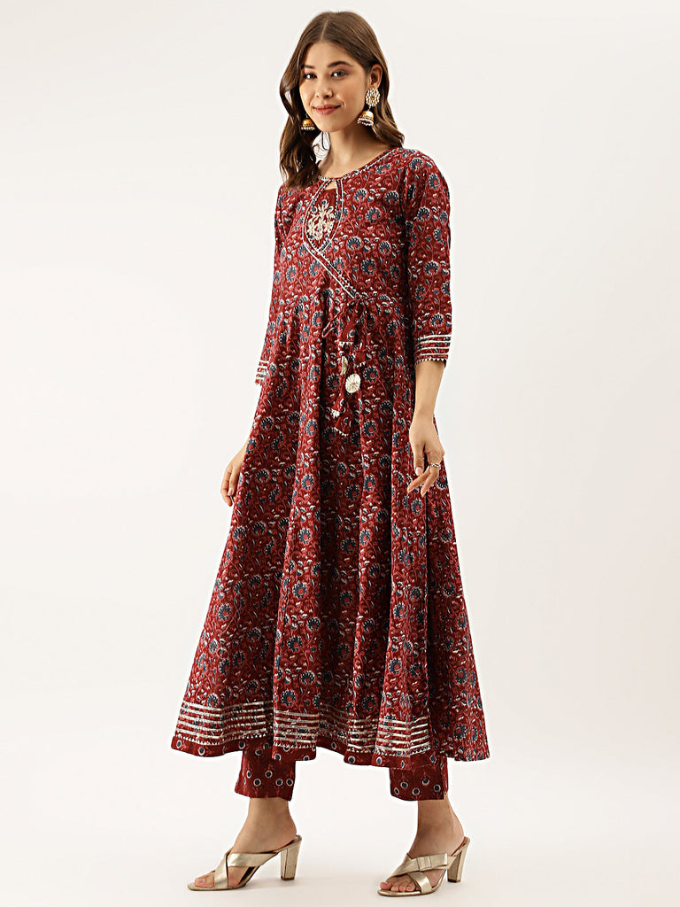 Women's Maroon Floral Printed Cotton Anarkali Kurta Set With Dupatta