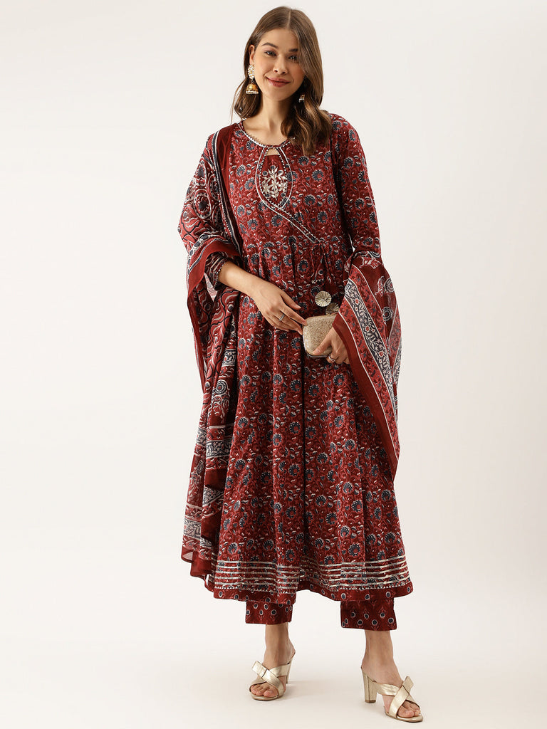 Women's Maroon Floral Printed Cotton Anarkali Kurta Set With Dupatta