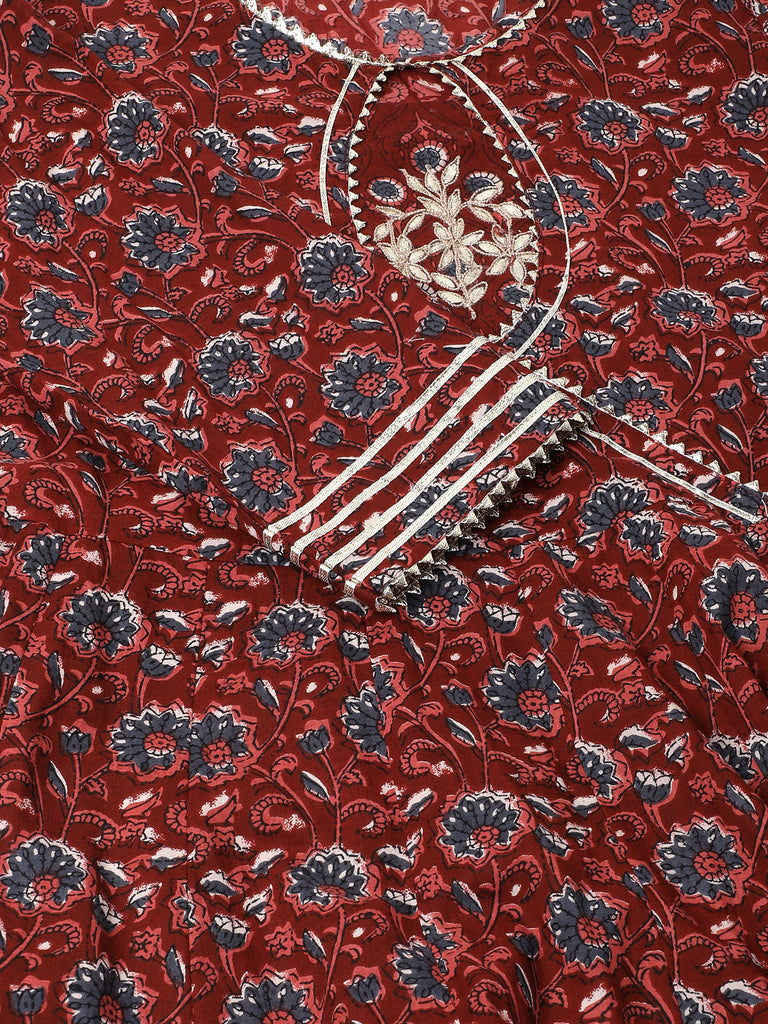 Women's Maroon Floral Printed Cotton Anarkali Kurta Set With Dupatta