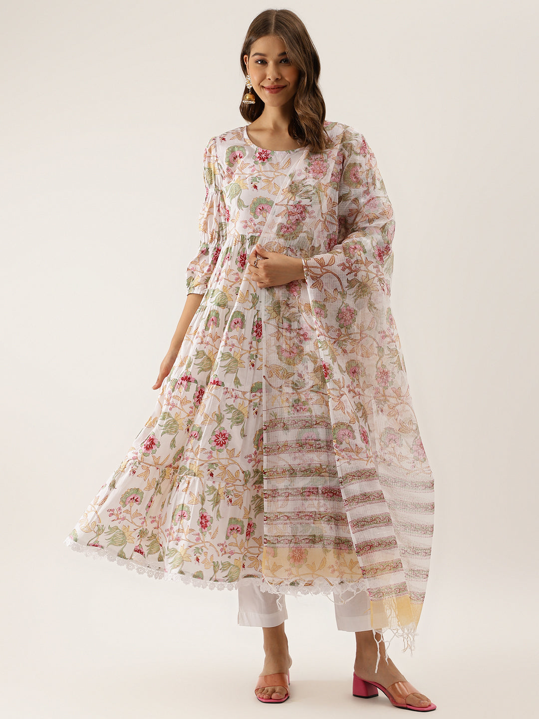 Women's White Handblock Floral Printed Cotton Anarkali Kurta Set With Kota Doria Dupatta