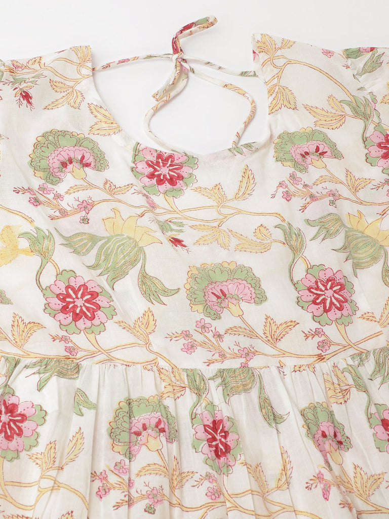 Women's White Handblock Floral Printed Cotton Anarkali Kurta Set With Kota Doria Dupatta