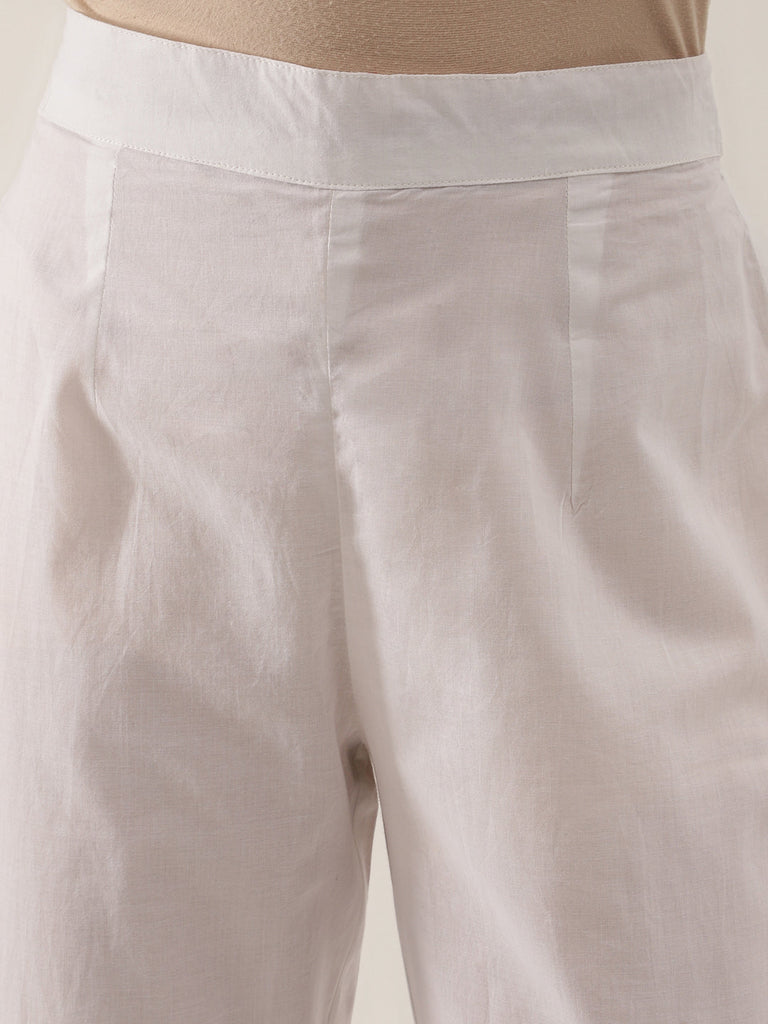 Women's White Handblock Floral Printed Cotton Anarkali Kurta Set With Kota Doria Dupatta