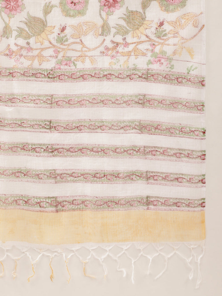 Women's White Handblock Floral Printed Cotton Anarkali Kurta Set With Kota Doria Dupatta