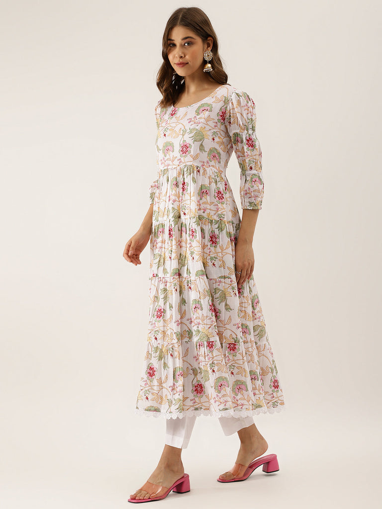 Women's White Handblock Floral Printed Cotton Anarkali Kurta Set With Kota Doria Dupatta