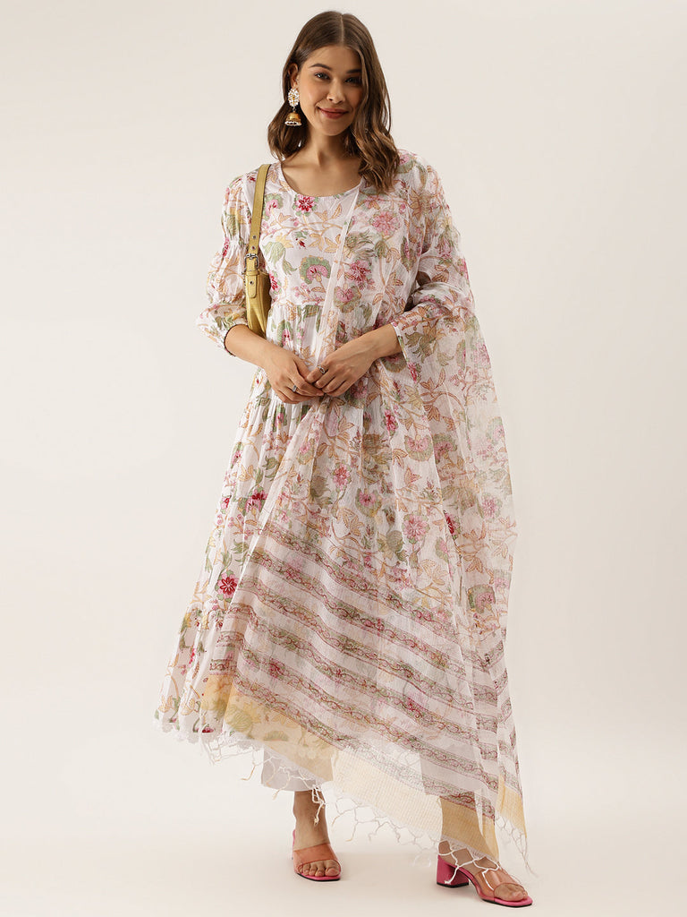 Women's White Handblock Floral Printed Cotton Anarkali Kurta Set With Kota Doria Dupatta