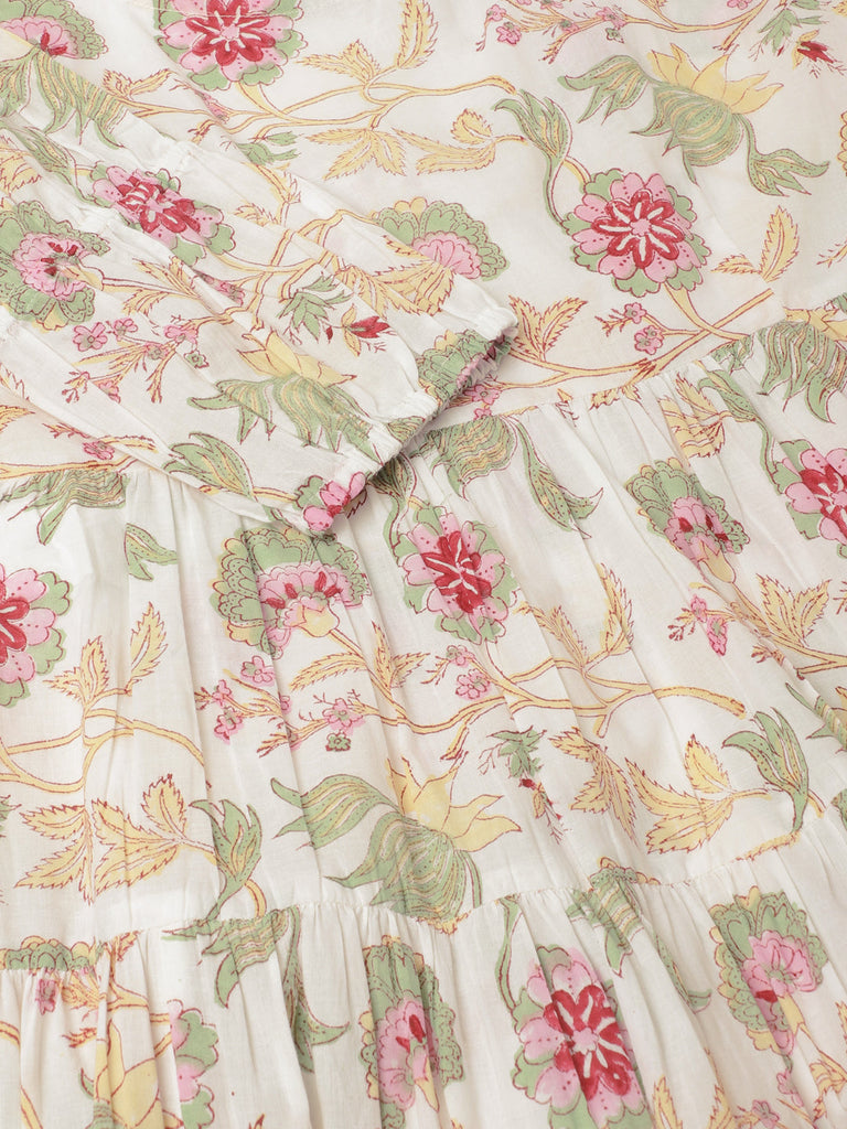 Women's White Handblock Floral Printed Cotton Anarkali Kurta Set With Kota Doria Dupatta