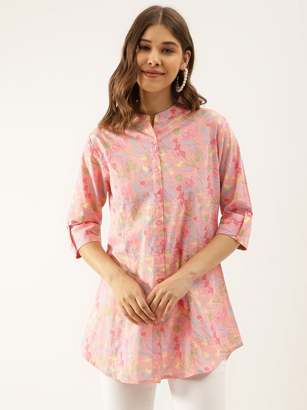 Women's Pink Multi Colored Floral Print Cotton Regular Top