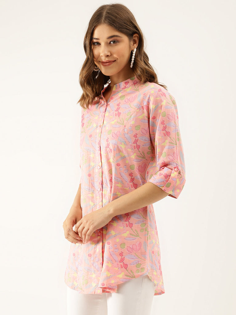 Women's Pink Multi Colored Floral Print Cotton Regular Top