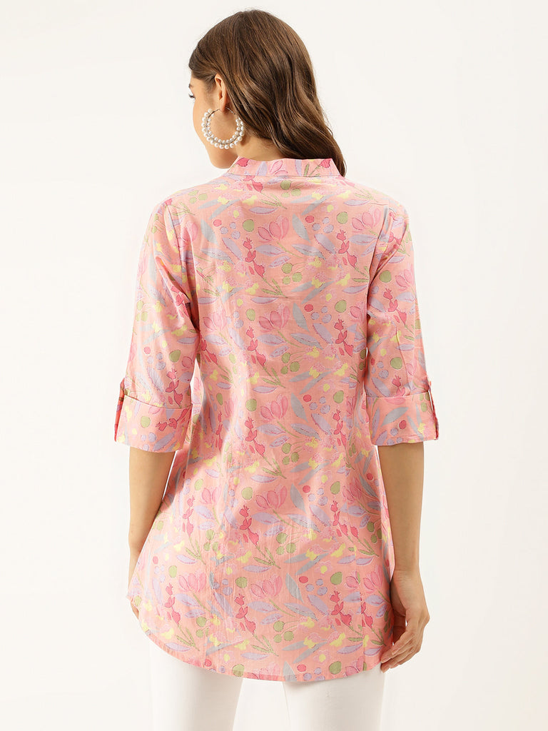 Women's Pink Multi Colored Floral Print Cotton Regular Top