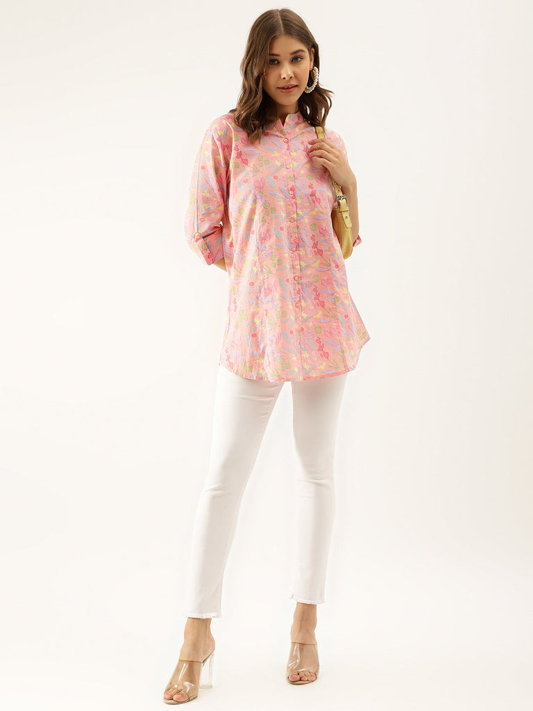Women's Pink Multi Colored Floral Print Cotton Regular Top