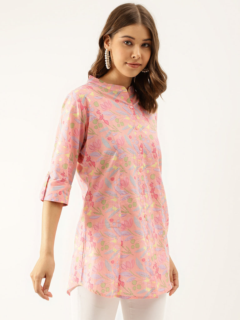 Women's Pink Multi Colored Floral Print Cotton Regular Top