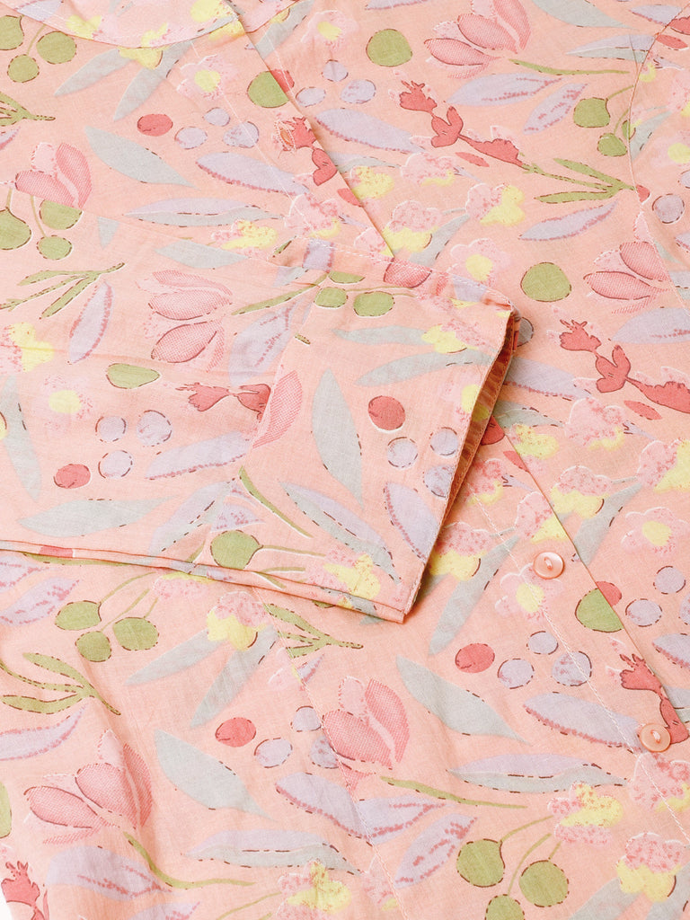 Women's Pink Multi Colored Floral Print Cotton Regular Top