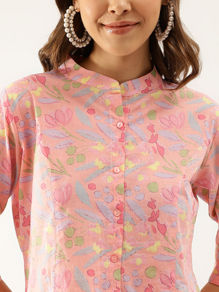 Women's Pink Multi Colored Floral Print Cotton Regular Top