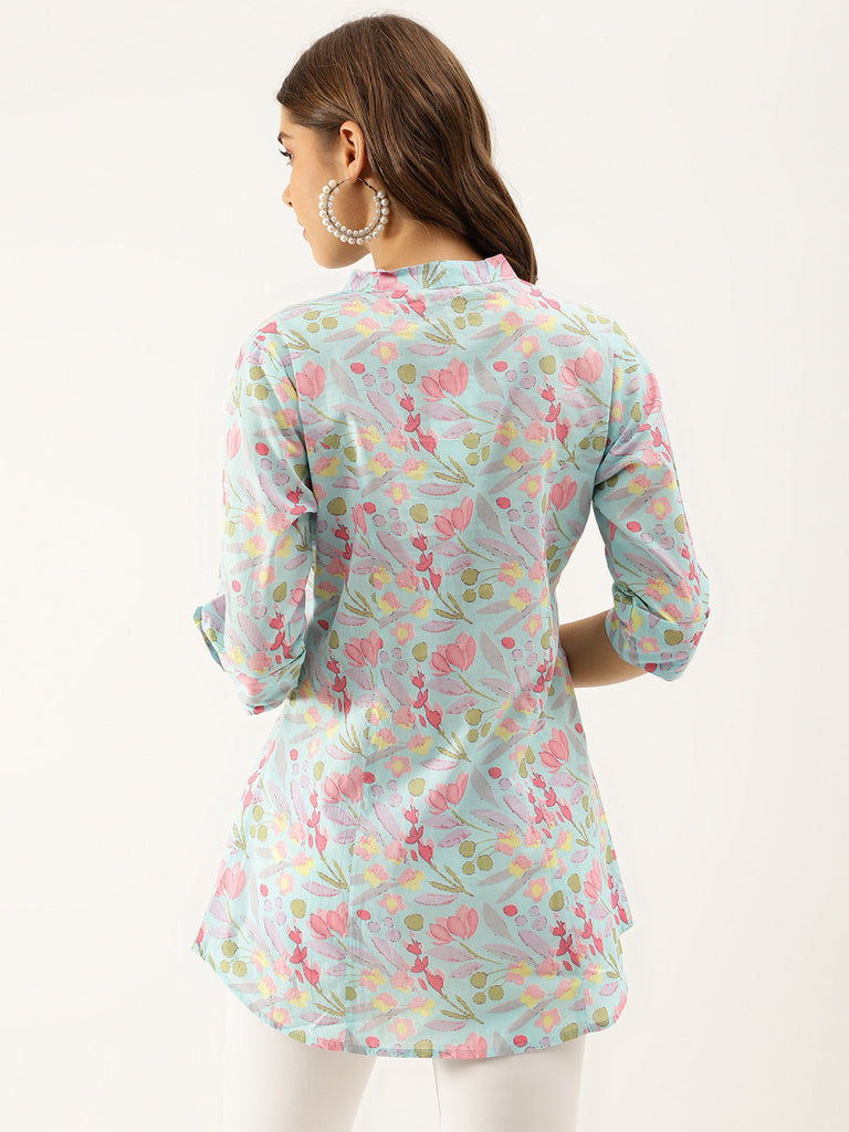 Women's Sky Blue Printed Cotton Regular Fit Top