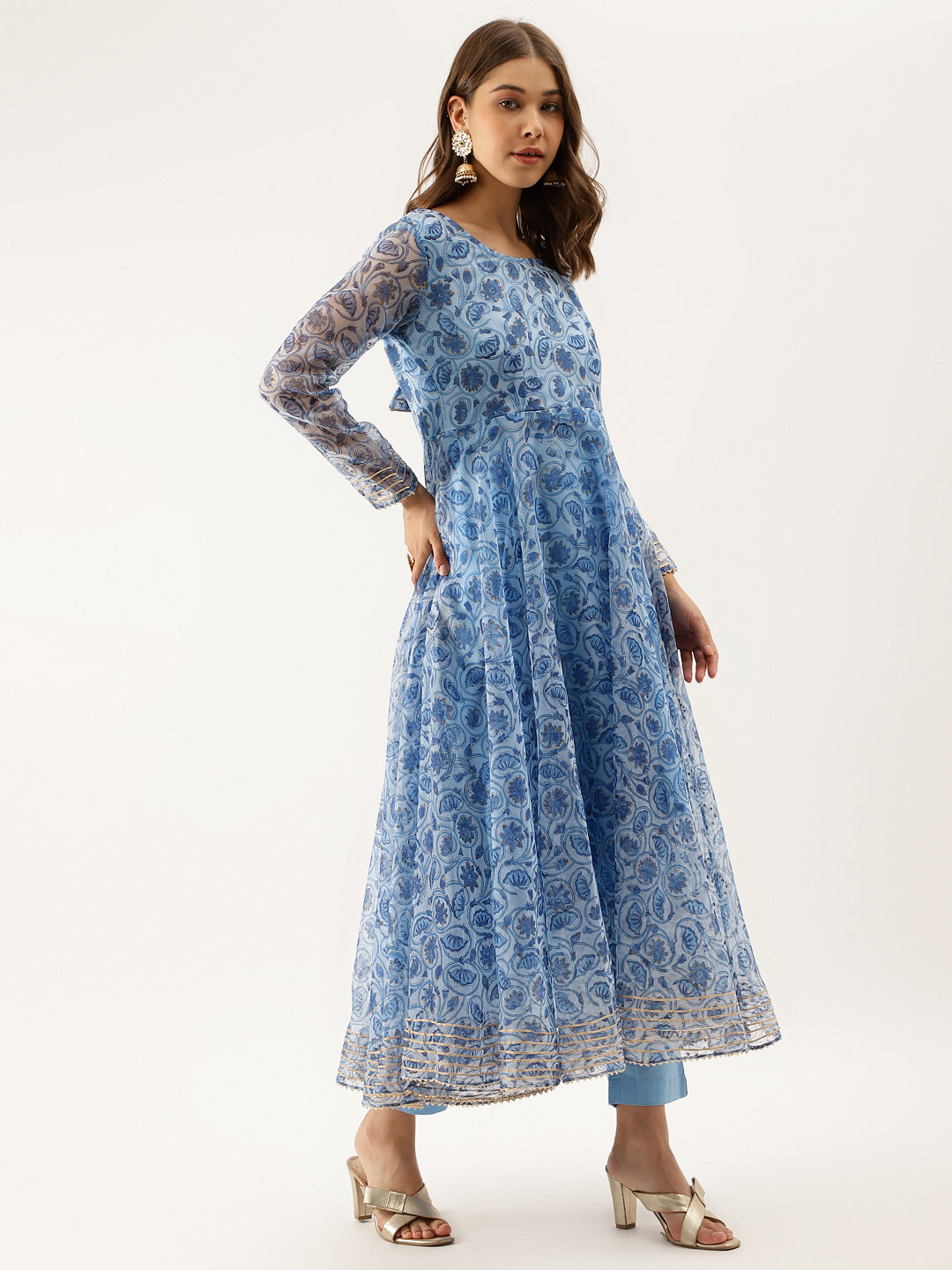 Women's Sky Blue Floral Printed Organza Anarkali Kurta Dupatta Set With Cotton Lining - Noz2Toz