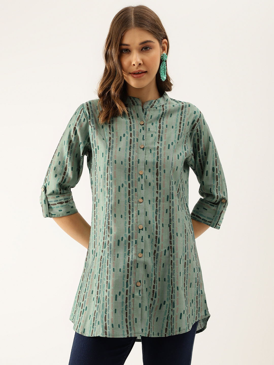 Women's Green Printed Modal Chanderi Regular Fit Top - Noz2Toz