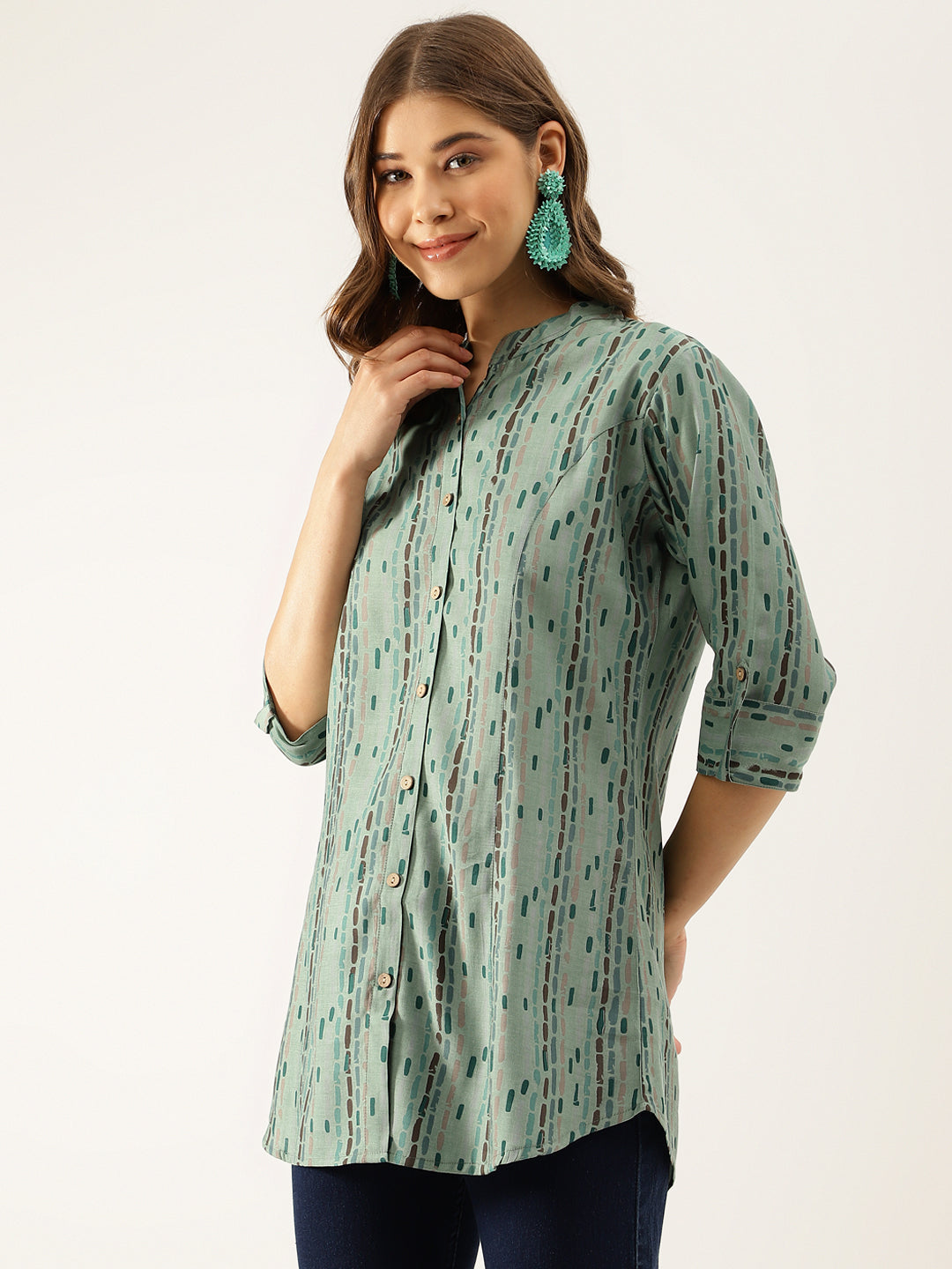 Women's Green Printed Modal Chanderi Regular Fit Top - Noz2Toz