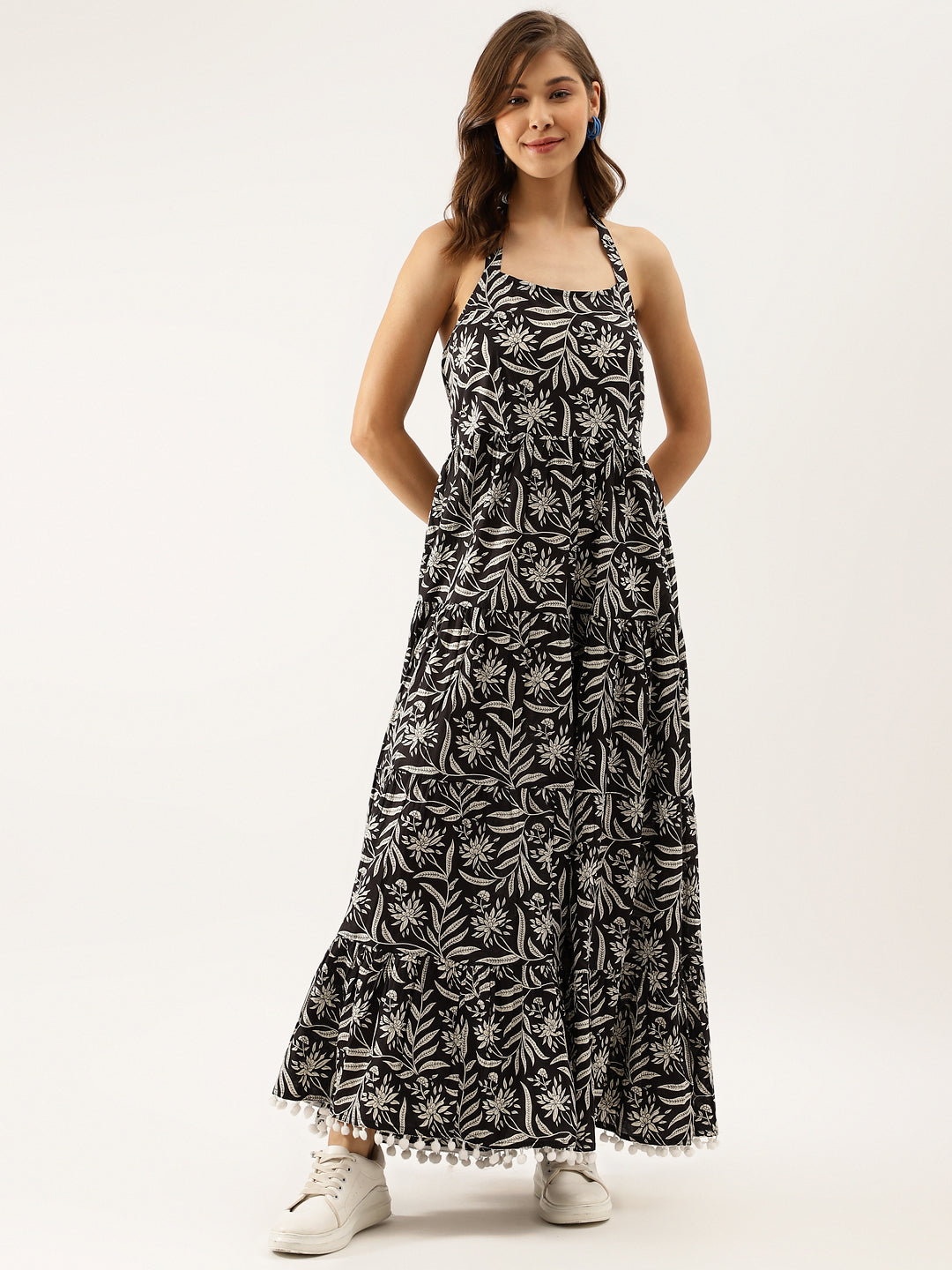 Women's Black Floral Printed Cotton Ethnic Dress - Noz2Toz